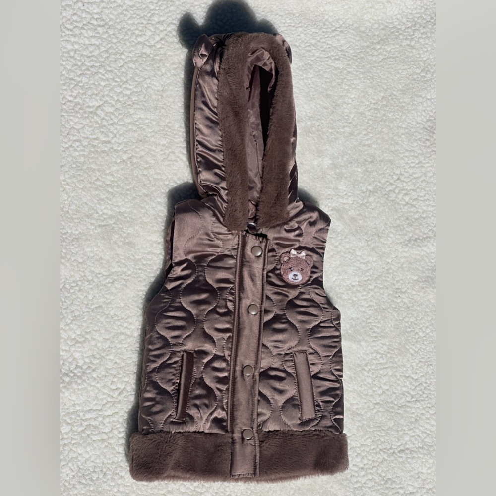Kids Brown Quilted Hooded Puffer Vest with Teddy Detail